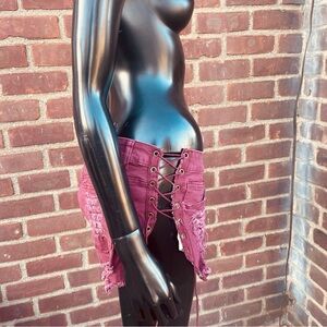 NEW Lace Up Distressed Cut Off Stretch Denim Shorts Hot Pants - Maroon Red L